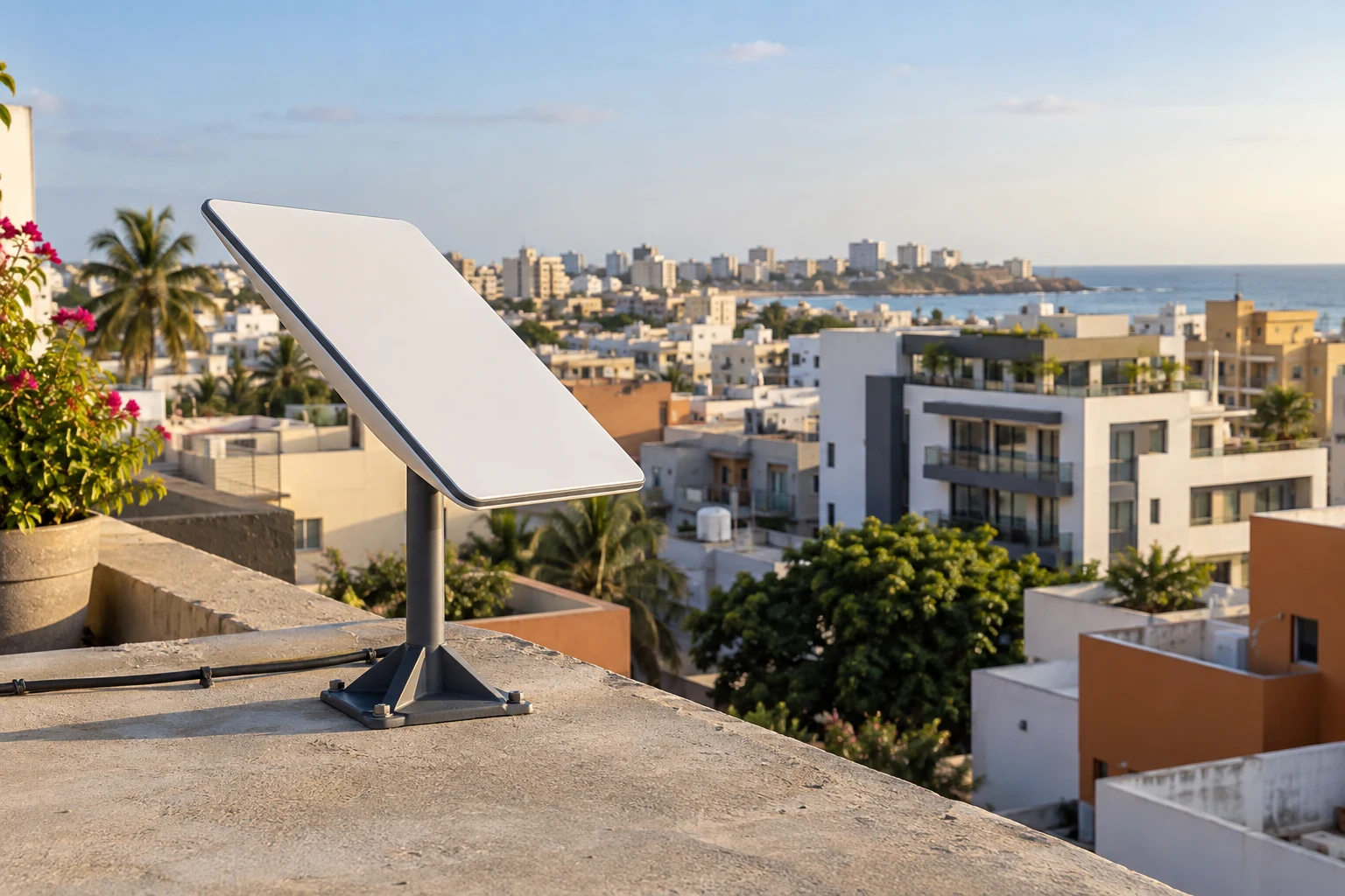 Illustration : terminal Internet par satellite sur un toit dans un environnement urbain sénégalais.